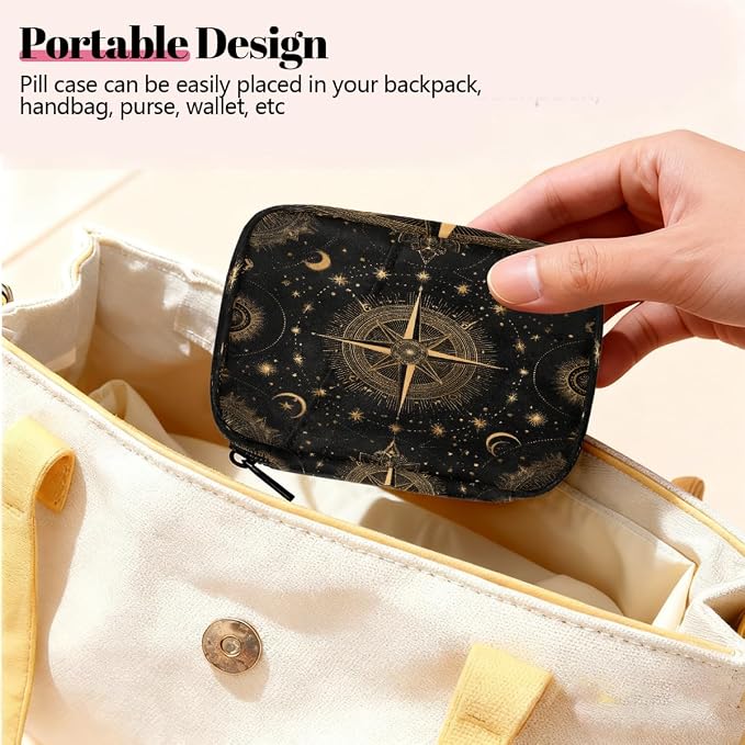 Travel Pill Organizer Black Gold Starry Compass Small Pill Case