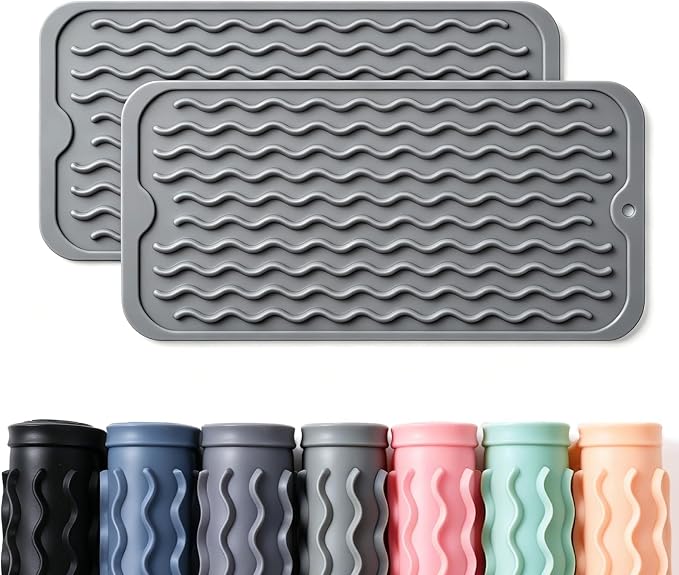 2 Pack Caketime Silicone Dish Drying Mat for Kitchen Counter Waterproof Under Sink Near Faucet with Bathroom Countertop Organizer Soap Holder New Home Essentials 12"x6" Gray