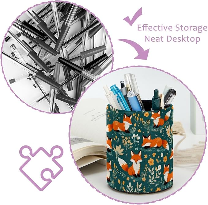 Faux Leather Pen Holder for Desk, Pencil Organizer Cartoon Little Fox Pen Cup Desk Decor Makeup Brush Holder Storage for Office Home