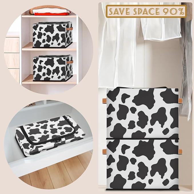 Cow Print Pattern Storage Bins With Zipper Lid, Collapsible Trunk Organizer, Car Organizers and Storage Bins with Lids, Decorative Storage Boxes with Handle, Home Storage Baskets for Organizing