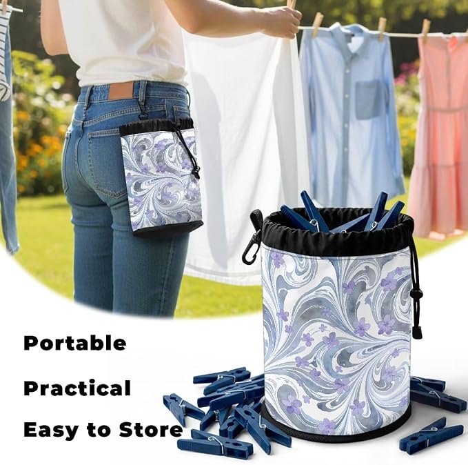 Portable Drawstring Clothespin Bag, Fluid Art Floral Laundry Peg Organizer Pouch with Hanging Loop, Compact Storage for Clips, Ideal for Drying Rack, Camping, Travel
