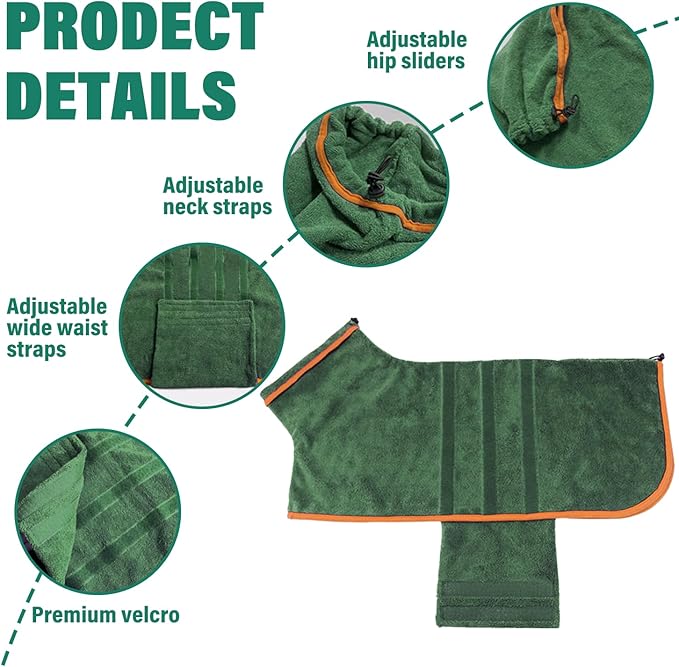 Dog Drying Coat - Fast Drying Dog Towel Robe - Microfiber Super Absorbent Pet Bathrobe, Adjustable Collar & Belly Strap Coat Pet Bath Robe Towel (XX-Large, Green)
