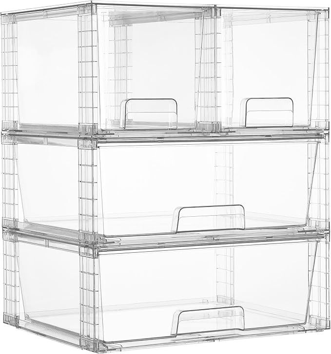 Vtopmart Clear Stackable Storage Drawers, 4 Pack Wide Organizer Set | Wide and Medium Pull-Out PET Drawers with Stackable Design for Balanced Storage, Kitchen Cabinets, Closets and Pantry