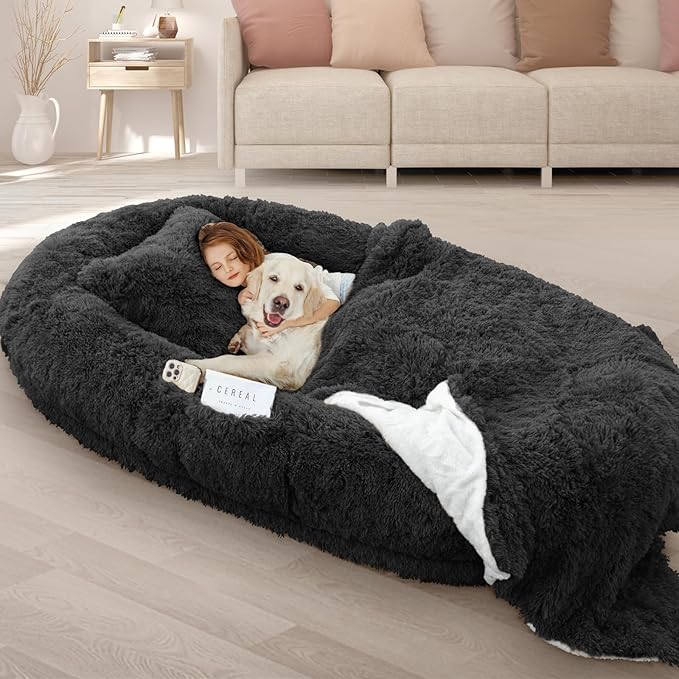 ROOMTEC Human Dog Bed, 71''x45''x12'' Size Fits Adult Pet Washable Oversize People Bed 10 CM Thick Memory Foam Large Giant Pet Bed with Plump Pillow, Blanket, Strap - Black