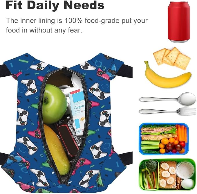Large Capacity Insulated Lunch Bag, Video Game | Leakproof Cooler Tote, Wear Resistant, Portable Food Carrier Bags, for Party Camping Beach Vacation