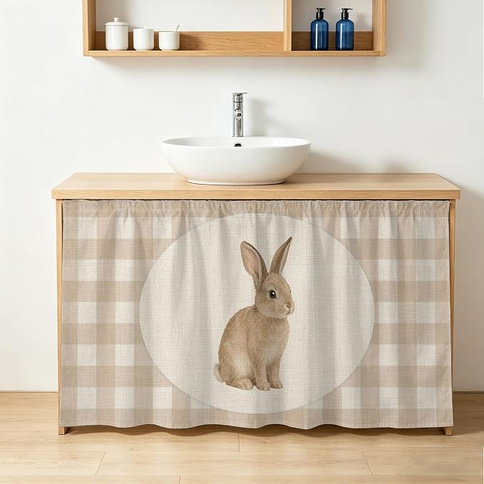 Rabbit Plaid Sink Skirt for Bathroom, Self-Adhesive Under Sink Curtain, Rustic Farmhouse Checkered Retro Animal Hide Pipes & Storage Fabric Cabinet Skirt Cover for Kitchen Laundry 32"x55"