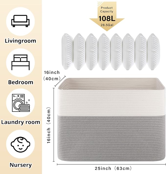 OIAHOMY 108L Extra Large Blanket Basket Dog Toy Basket Grey/White | Rectangle Woven Baskets for Storage Cotton Rope Basket For Living Room Toy Storage Blanket Storage Laundry Basket