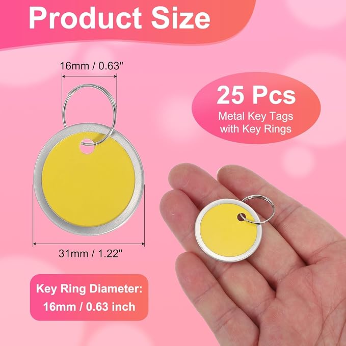 PATIKIL 1.2 Inch Metal Rim Key Tags 25 Pack Blank Round Paper Tags Bulk Writable Keychain Identifiers with Split Rings for Car Door Drawer Key Luggage Pet, Yellow