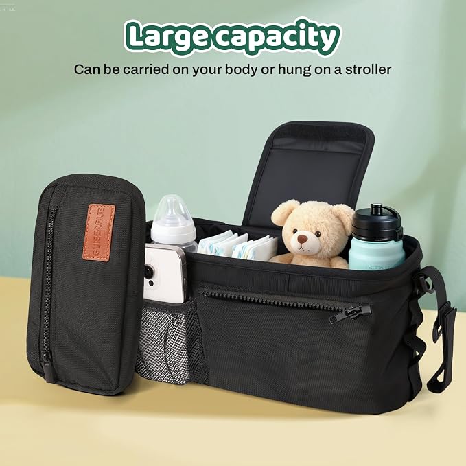 Stroller Organizer with Cup Holder, Non-Slip Stroller Caddy Baby Essentials | Universal Stroller Bag Accessories with Detachable Phone Bag, Fits for Uppababy, Baby Jogger, Christmas New Moms Baby Gifts