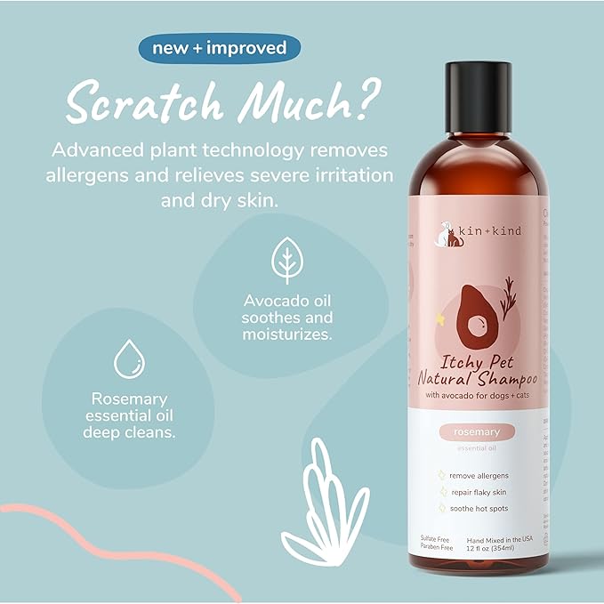 kin+kind Itchy Pet Natural Dog and Cat Shampoo - Gentle Clean for Itchy Skin - Avocado Oil - Rosemary Fragrance - 12 fl oz