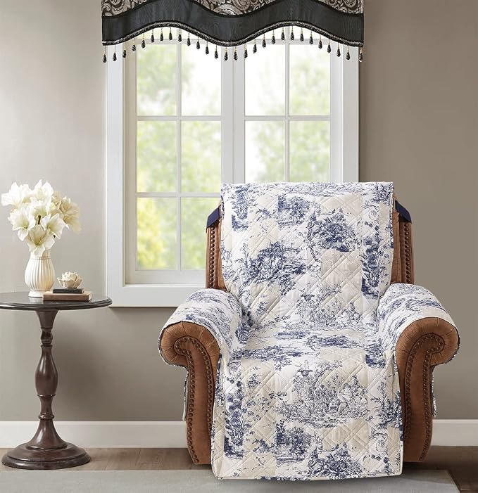 Brilliant Sunshine Blue Toile Couch Recliner Cover, Beige Ivory, 28" seat | Quilted Sofa Cover, Living Room & Bedroom Furniture Protector, Large Washable Reclining Chair Slipcover for Pets, Dogs & Cats