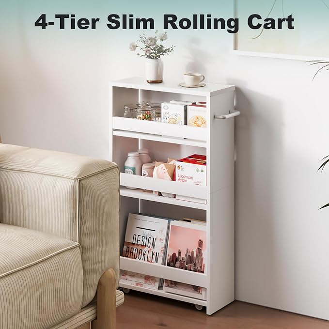 MARTY Slim Rolling Storage Cart, Wood Utility Kitchen Bathroom Laundry Cart | 4 Tier Kitchen Cart with Wheels Handle, Laundry Room Organization, Narrow Bathroom Storage Cabinet, 5.5" Wide Storage Trolley