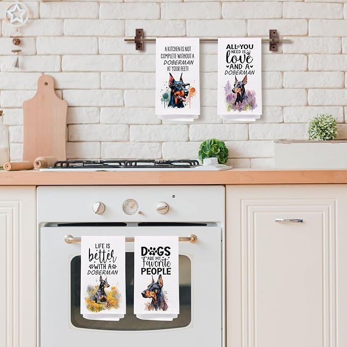 SPBL&L Doberman Dog Kitchen Towels Set of 4, Doberman Gifts for Women, Doberman Decor Tea Dish Towels for Kitchen, Doberman Dog Decorative Hand Towels for Bathroom, 16x24 Inches