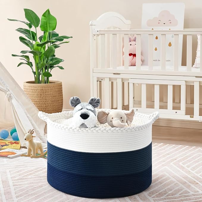 67L Large Woven Blanket Basket, Cotton Rope Baby Laundry Hamper with Handles, Kids Toy Basket for Classroom & Nursery, Soft Round Stuffed Animal Storage, Dog Toy Bin - 20"x13", Dark Blue