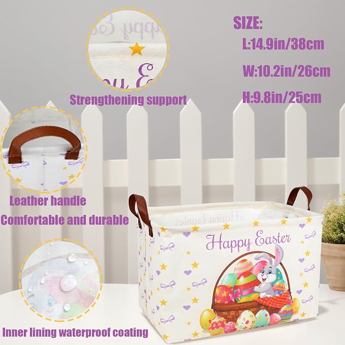 Easter Basket for Kid Large Empty Baby Rectangular Cute Easter Gift Storage Basket Bunny Eggs Décor (Rabbit Purple Bow Tie)