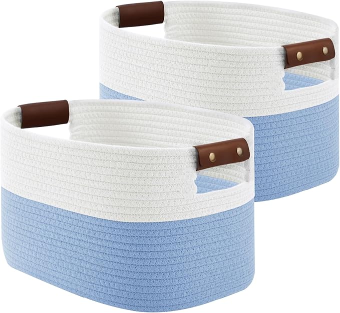 ECDYQXVU 15x10x9 Woven Cotton Rope Storage Basket, Leather Handles 2 Pack | Foldable Design, Sturdy PU Handles, Easy to Clean Organizer for Living Room, Closet, Shelves, Bedroom, Laundry, Clothes