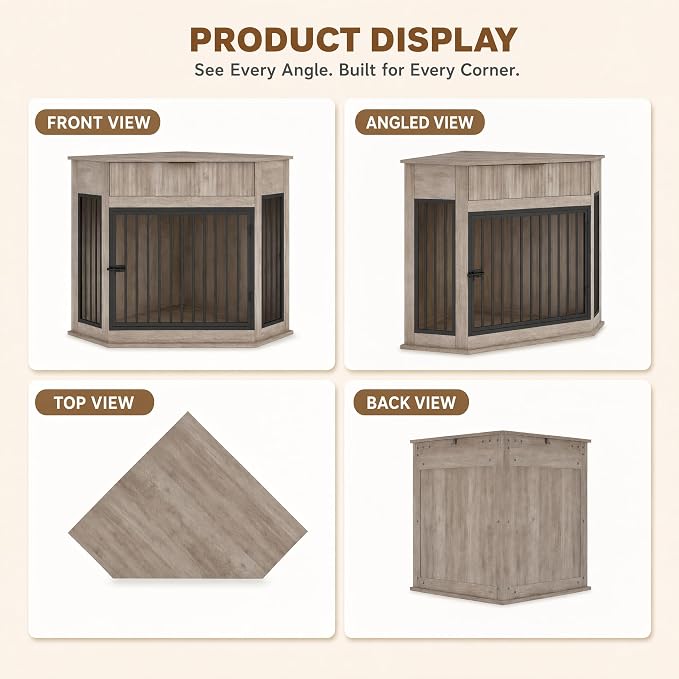 44.6" Corner Dog Crate Furniture for Small Medium Dogs, Modern Medium Size Decorative Dog Crates End Table with Fluted Drawer, Wooden Dogs Cage Kennel Furniture for Home Décor, Grey Oak