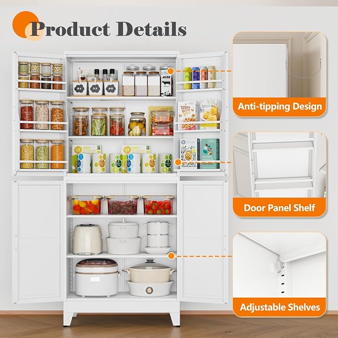 GAIOUS 74.8" Tall Metal Food Cabinet, White Kitchen Pantry Cabinet Cupboard | Food Storage, Kitchen Organizer, Storage Cabinet with 4 Door and 4 Adjustable Shelves, Steel Freestanding, for Dining Living