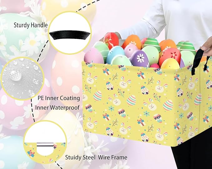 Large Rectangular Easter Baskets Empty Waterproof Boy Toy Box Foldable Kid's Gifts Storage Bin Spring Room Decor(Gift Box Rabbit Egg)