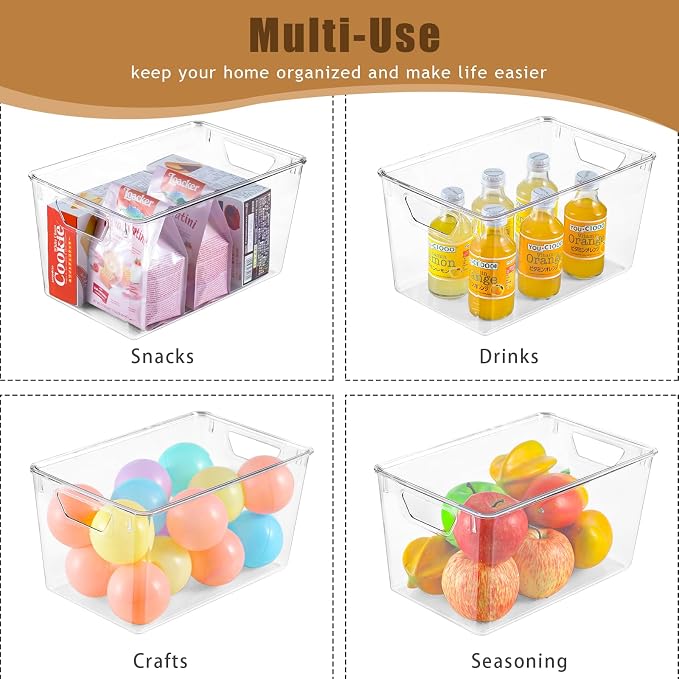 Freebat 6 Pack Clear Storage Bins with Lids, 7 Quart Pantry Organizer Bins | Large, Stackable Plastic Storage Containers, Pantry Organization for Office, Bedroom, Cabinet, Fridge,Kitchen Organization