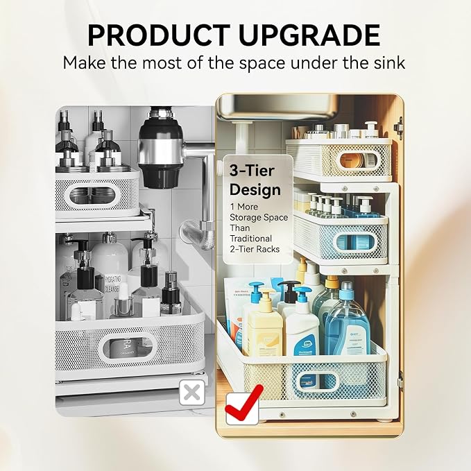 2 Pack 3 Tier Under Sink Organizer with Pull Out Drawer, Height Adjustable Heavy Duty Metal Under Cabinet Organizer, Smooth Sliding Storage Shelf for Kitchen, Bathroom Cabinet Organization, White