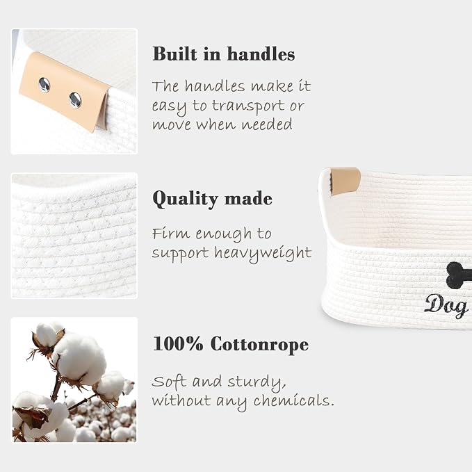 Woven Dog Toy Baskets,Rope Basket for Dog Toys,Collapsible Dog Toy Bin with Leather Handles,Trapezoidal Puppy Toy Storage Basket,Chewproof Dog Organizer for Toys,Collar,Leash,Blankets-Beige