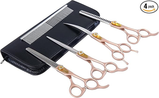 7 Inch Professional Dog Grooming Scissors Kit, 6-in-1 Grooming Scissors for Dogs, Pet Grooming Shears Set, Straight Scissor & Thinning Shear & Curved Scissor & Chunker Shear (Rose Gold)