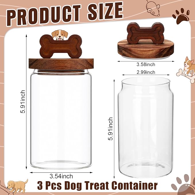 3 Pcs Glass Dog Treat Container, Dog Cookie Jar with Wood Lid | 3.54 x 5.91 Inch, Airtight Pet Treat Food Storage Container, for Countertop, Treats Canister, Doggie Cookie, Pets