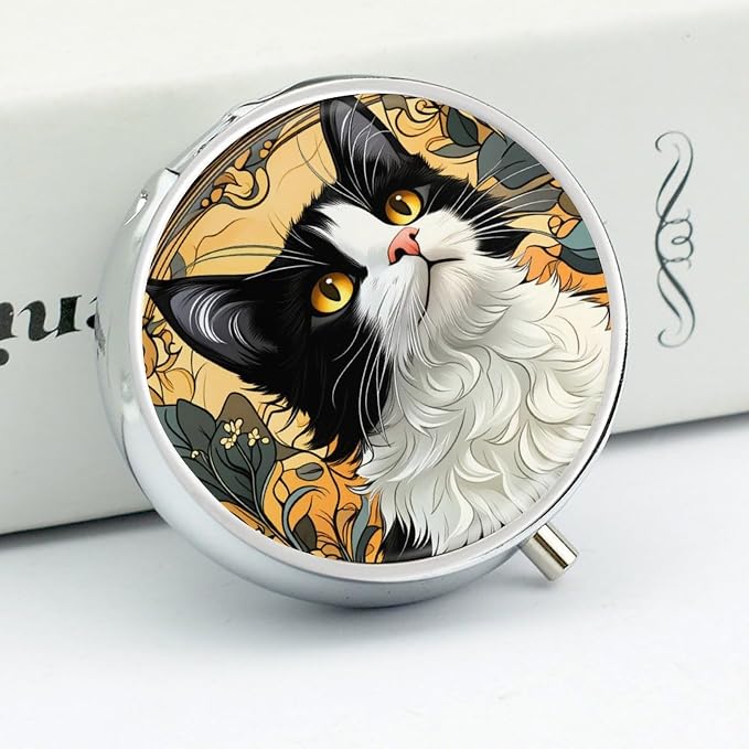 Cat Metal Round Pill Box, 3 Compartment Travel Organizer, Portable Pill Container with Secure Latch, 2 Inch Circular Vitamin Caddy for Pills and Vitamins, Gift for Him Her Elderly