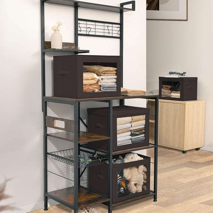 Stackable Storage Bins with Lids - Large Storage Box with Lids, Foldable Closet Boxes for Organizing, Wardrobe Clothes Organizer with Window, Cubes Bins for Living Room, 3 Pack, Brown