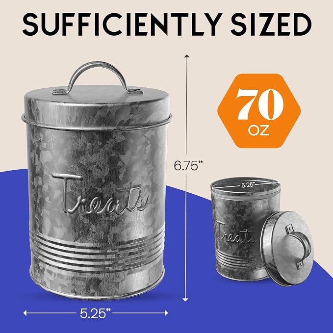 Amici Pet, Retro Treats Galvanized Relief Lettering Metal Storage Canister, Food Safe, Push Top, 72 Ounces (Pack of 2)