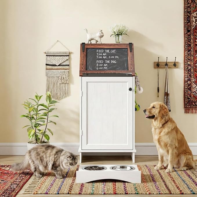 Flip-Top Dog Feeding Station, Dog Food Cabinet with Storage, Dog Food Station with Hidden Feeding Fowls, Pet Storage Cabinet, Pet Food Holder, White Oak Grain