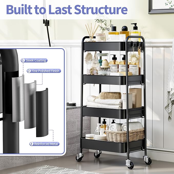 TOOLF 4 Tier Metal Rolling Cart, Utility Storage Cart with Wheels, Black | Screwless Assembly, Lockable Metal Wheels, Trolley Organizer for Bathroom, Kitchen, Office, Dorm, Laundry, Craft Room