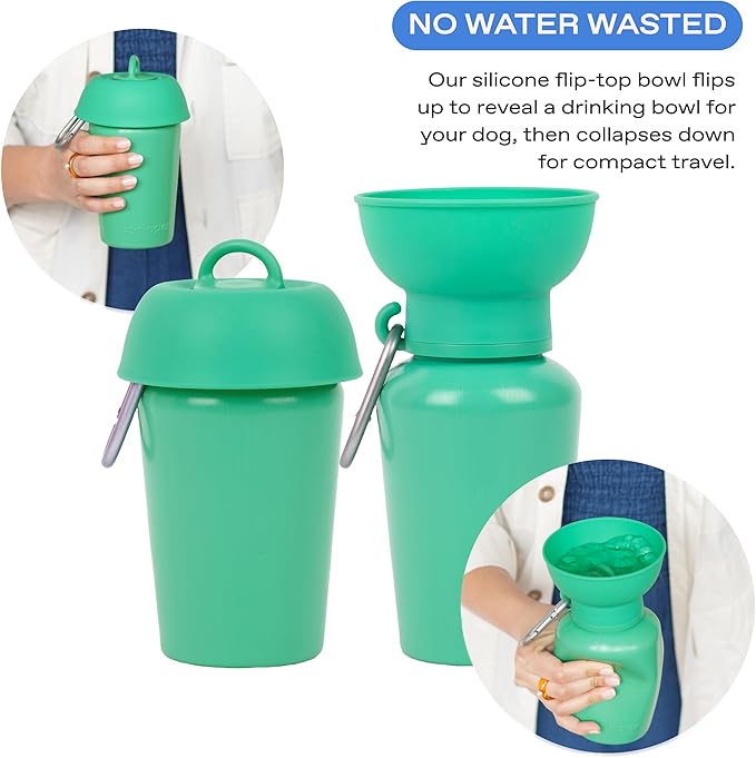 Springer Flip Dog Water Bottle | Portable Drinking Feeder with Foldable Food-Grade Silicone Bowl | One-Hand Squeeze & Leak-Proof | BPA-Free 20oz | Walking, Hiking & Camping | Puppy Essentials
