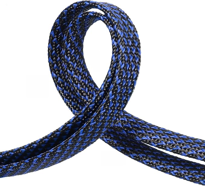 Braided Cable Sleeve, 33ft Expandable Wire Loom for Automotive Wiring Harness & PC Case, Pet-Proof Chew Resistant Cord Protector, Flexible Cable Management (Blue-Black, 6mm (1/4"))