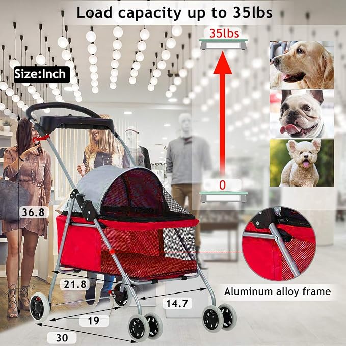 Cat Dog Stroller for Small & Medium Dogs Up to 35Lbs Kitten Doggie Cage Waterproof Foldable Travel Carrier Puppy Strolling Cart Durable 4 Wheels Large Pet Stroller Jogger with Cup Holders, Red