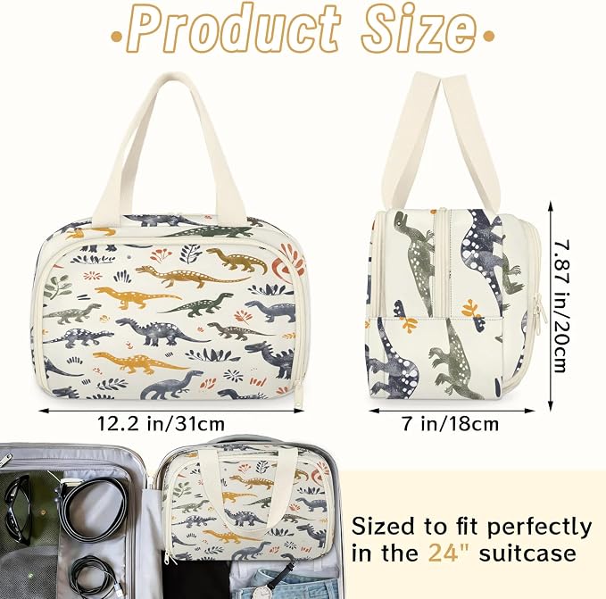Cute Dinosaurs Footprints Travel Toiletry Bag with Handle | Wet & Dry Separation, Full-Size Bottle Friendly, Leak-Proof, Waterproof, Easy to Clean, for Travel, Gym, Home