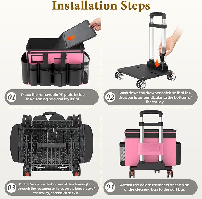 Cleaning Caddy with Wheels - Rolling Cleaning Caddy Bag with Detachable Trolley, Cleaning Caddy for Cleaning Supplies, Cleaning Bag for Housekeeping, Pink