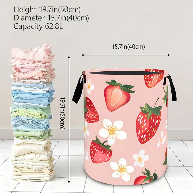 Fresh Strawberry Laundry Basket,Dirty Clothes Hamper,Red Fruit and Floral Storage Bin Gifts,Foldable Waterproof Oxford Cloth Baskets for Bathroom,Bedroom,Sweet Home Decoration(19.7" x 15.7")
