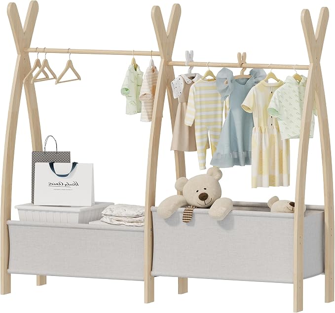 Kids Clothing Rack Dress Up Storage Closet for Girls Baby Garment Wardrobe Toddler Costume Closet with Double Hanging Rod Wood 2 Tier Bottom Storage Shelves (Double Row with Two Storage Boxes)