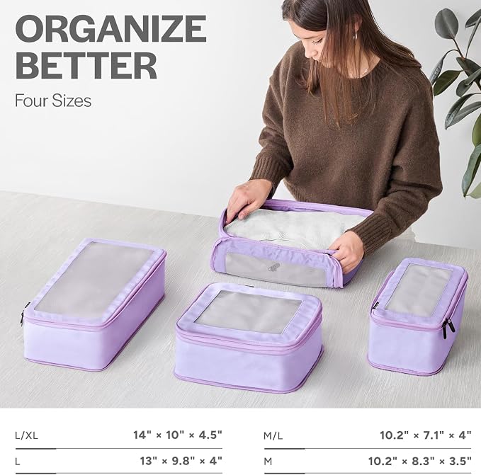Compression Packing Cubes for Travel, 4-Pack, Purple | Solves overpacking, 4-Piece set fits most carry-ons, 50% Space savings, Compression luggage organizer bags