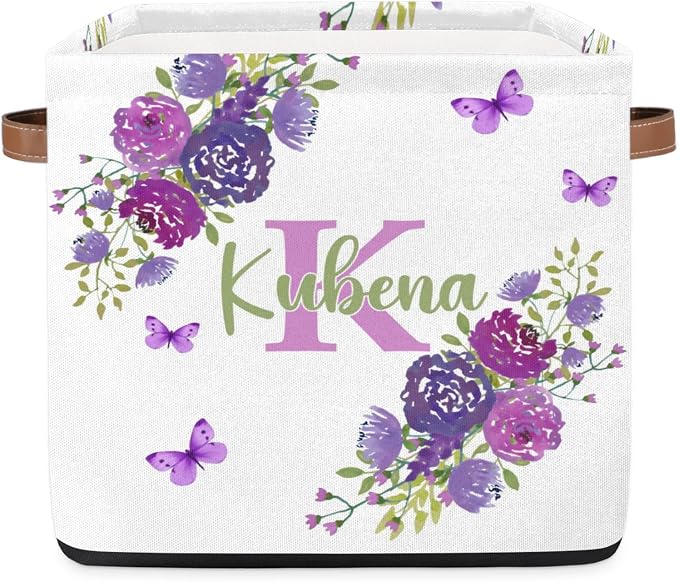 Personalized Name-Initial Purple Flower Storage Baskets for Girls Women, Custom Portable Square Storage Bins with Handles Foldable Organizer for Toys, Clothes, Blanket,Towel, Pet 13”