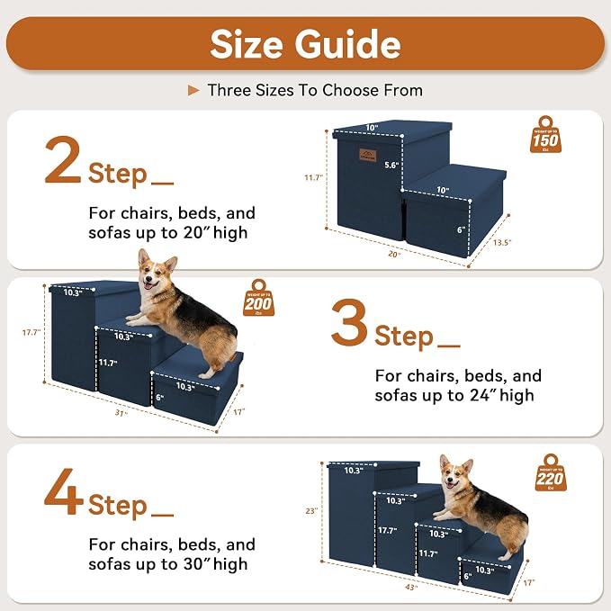 Zerbuger Dog Stairs with Storage, Navy Blue 4 Steps Dog Ramp no Condo | 23" H Wider Dog Steps for High Beds Couch, Folding Storage Pet Stairs Gift for Climbing Small/Medium/Large Old Dogs Cats