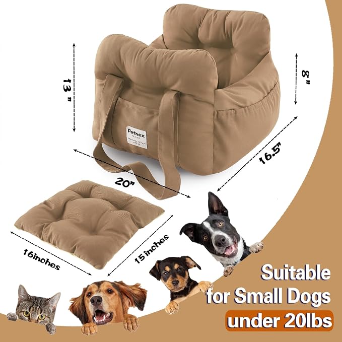 Dog Car Seat for Small Dogs, Portable Puppy Car Seat of Easy Installation, Fashionable Pet Carrier Bag with Large Pockets, Machine Washable Dog Booster Seat (Khaki)