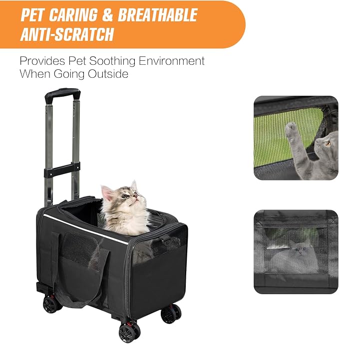 Pet Carrier with Wheels - Soft-Side Wheeled Cat Carrier for Dogs with Telescopic Handle, Collapsible Rolling Pet Travel Bag Carrier for Large Cats Small Medium Dogs for Camping Vet Visiting Black