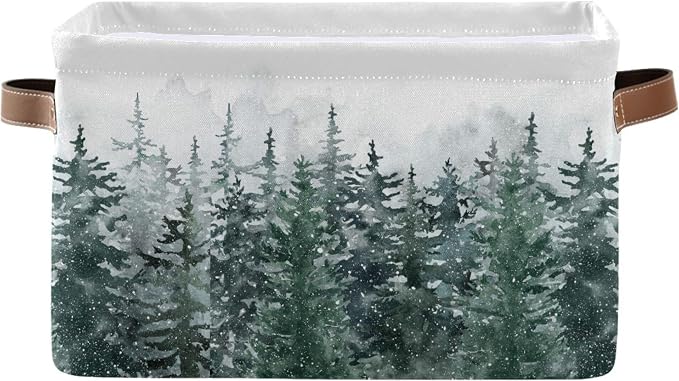Winter Pine Forest Tree Storage Basket with Waterproof Liner and PU Handles Christmas Snow Scene Storage Bins Boxes 14.2" Collapsible Decorative Organizer Baskets for Bedroom Closet Office 1 Pack