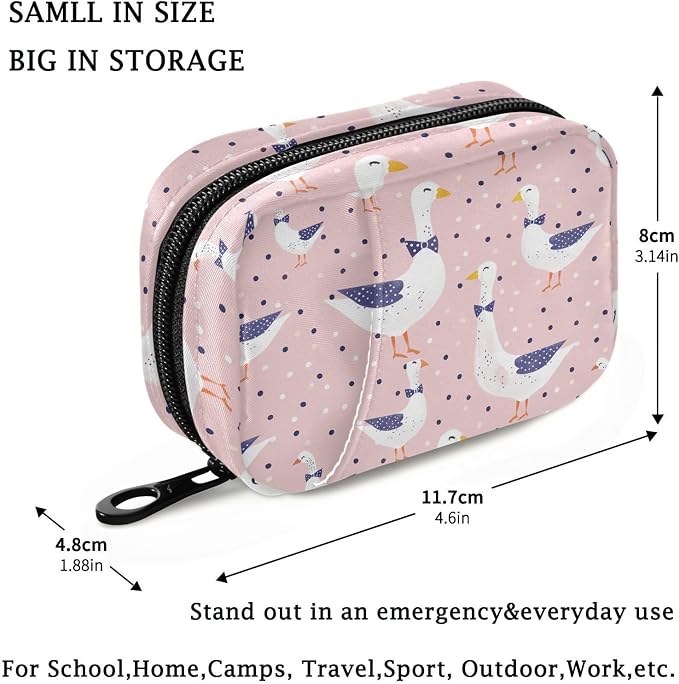 Fustylead Geese with Bow Tie on Pink Background and Dots Travel Pill Organizer Bag with Zipper Small Pill Box 7 Day Pill Case for Purse Storage Weekly Vitamin Medicine Supplement