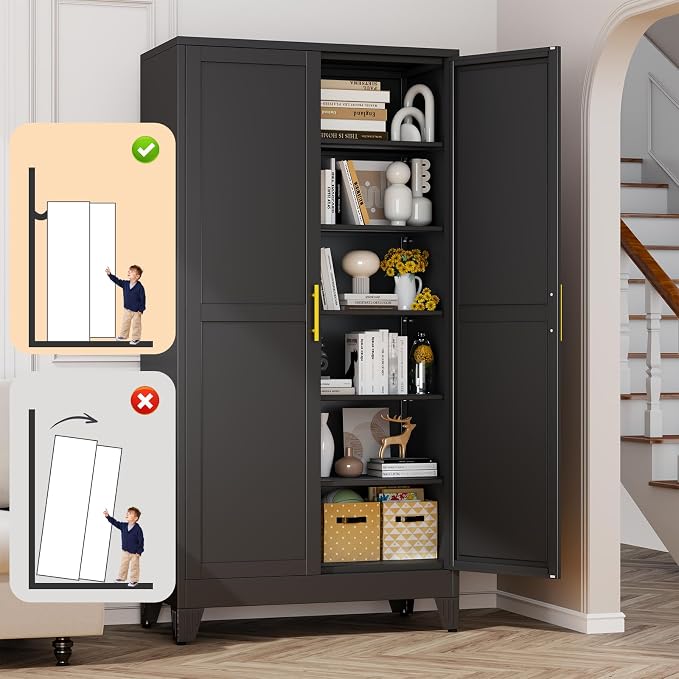 RISRERN Black Metal Storage Cabinet, 79" Kitchen Pantry Cabinets for Office | Steel Kitchen Pantry Storage with Doors, 5 Adjustable Shelves, Metal Pantry Cabinet, for Office, Home, School 40" W