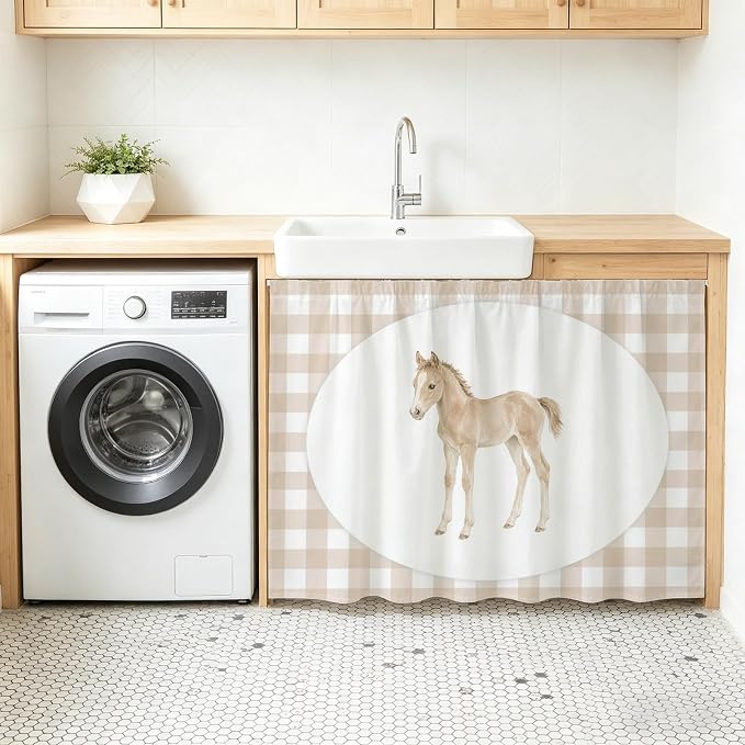Graceful Pony Oven Skirt Curtain for Kitchen Decor 28"x35", Natural Horse Modern Farmhouse Plaid Rustic Self Adhesive Stove Curtains Skirt Cabinet Curtains for Bathroom Laundry Room