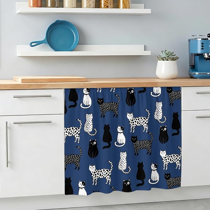 Cat Animal Small Sink Skirt 10"Wx11"L,Dustproof Under Sink Curtain with Self Adhesive Tape,Navy Blue Earthy Tone Vintage Pet Modern Cabinet Curtain Cover for Bathroom Vanity,Kitchen Storage Shelf,RV